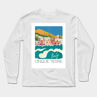 Cinque Terre Italy Travel Poster Retro Wall Art Illustration Long Sleeve T-Shirt